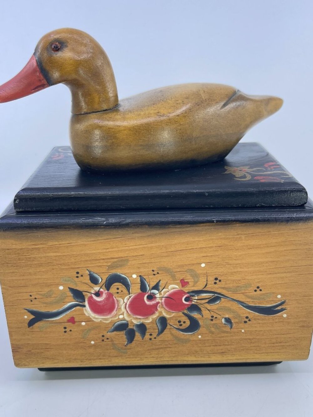 vintage hand painted folk art wooden trinket box with duck